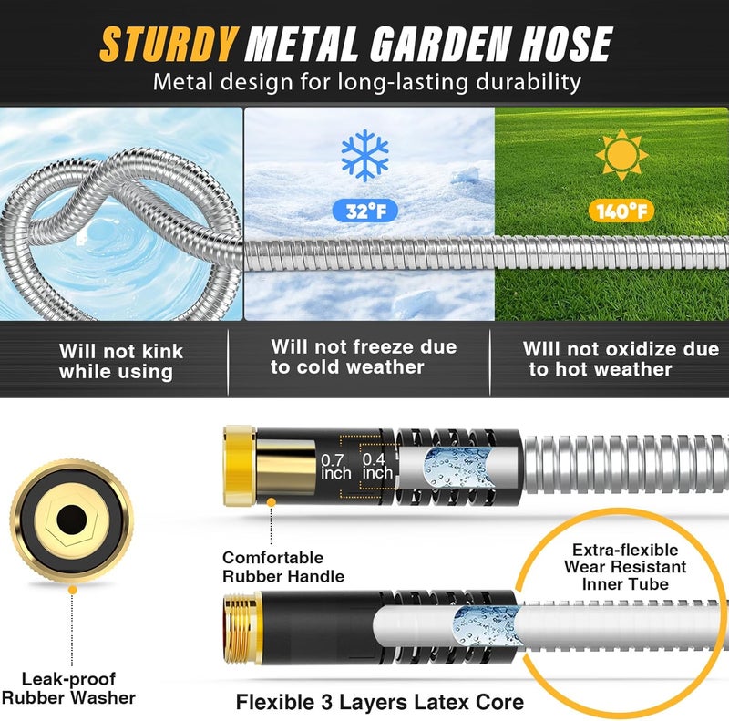 Lefree Garden Hose 50ft, Stainless Steel Garden Hose Metal, Flexible Water Hose with 10-Function Nozzle, Crush Resistant, Leak Proof, No Kinks Heavy Duty Hose for Yard, Outdoors, Rv - Image 4